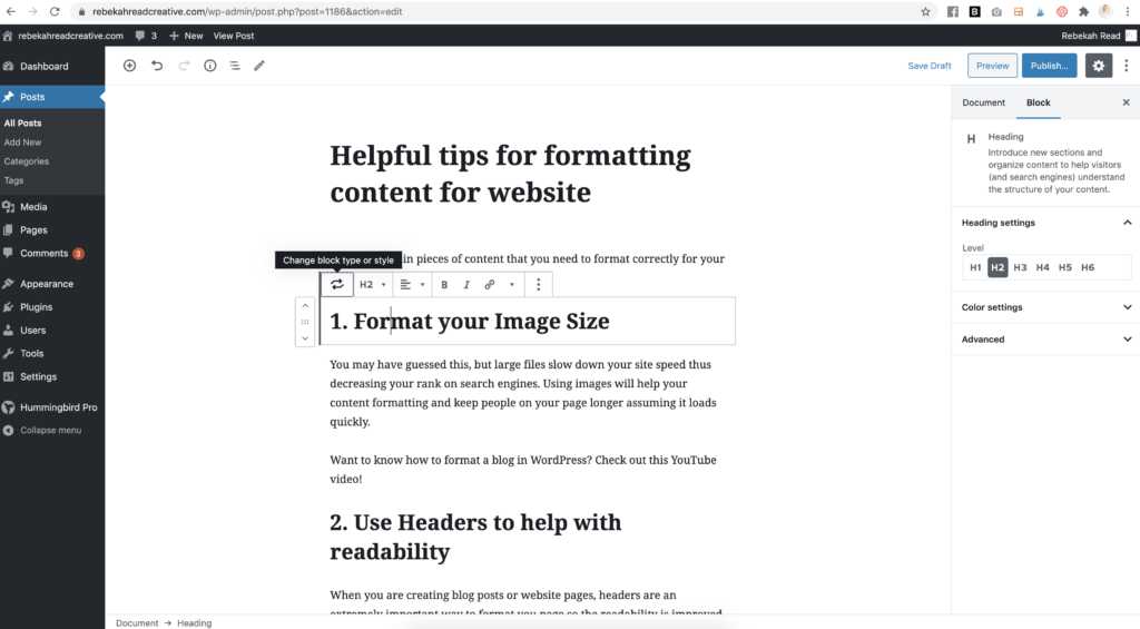 formatting content for website